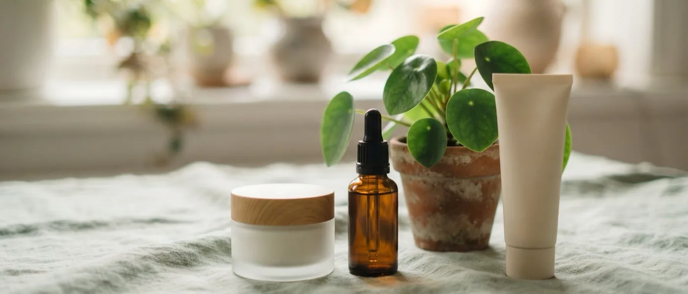A jar, a dropper bottle and an unlabelled tube on linen beside a potted plant, in window light.